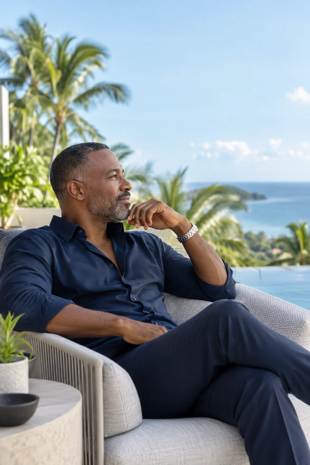 Conceptual lifestyle portrait of a man relaxing on a tropical terrace